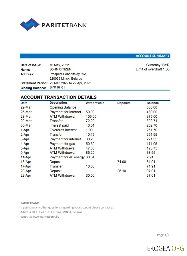 Biélorussie Relevé de la Paritet Bank xls
